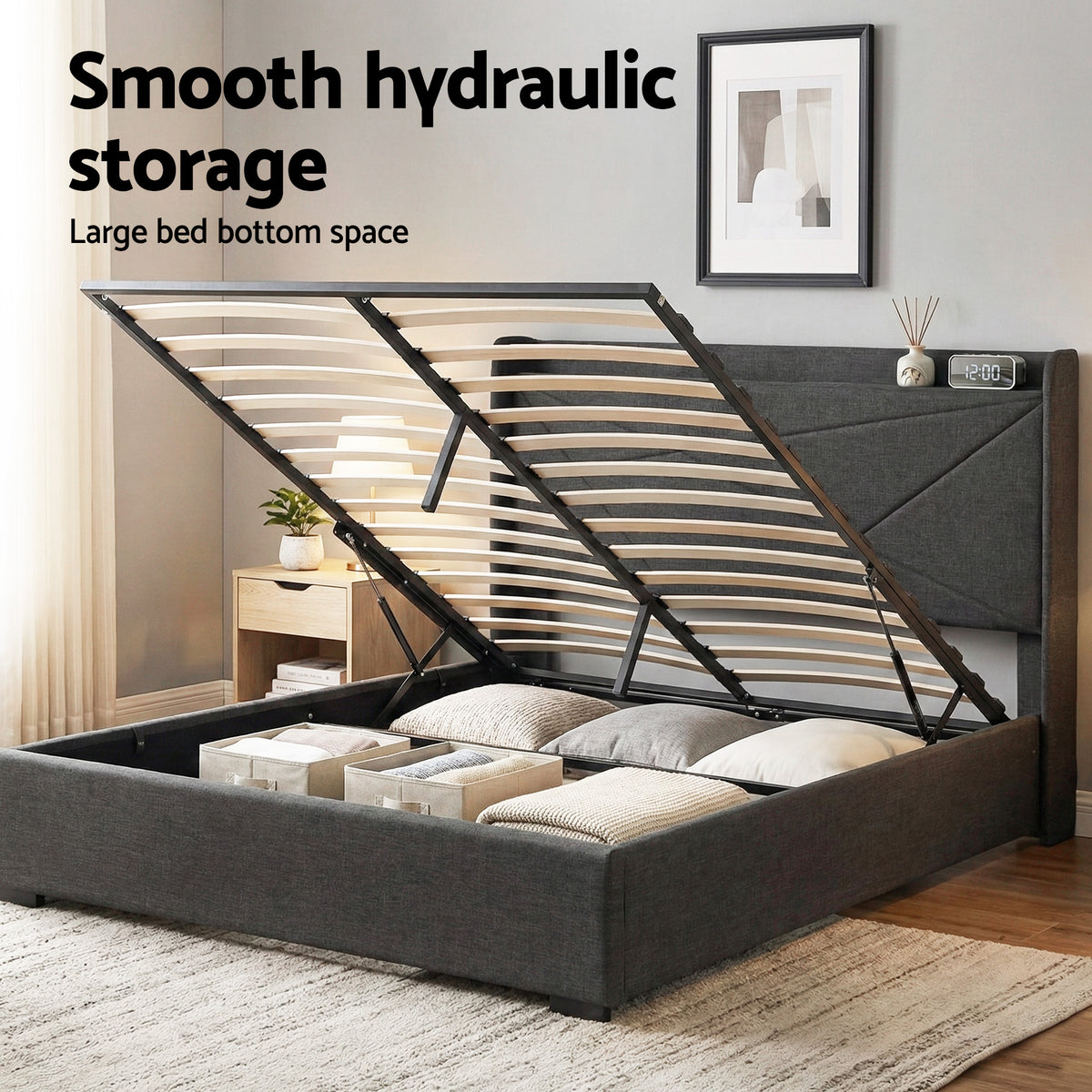 Morfei Queen Bed Frame with Charging Ports Charcoal Grey