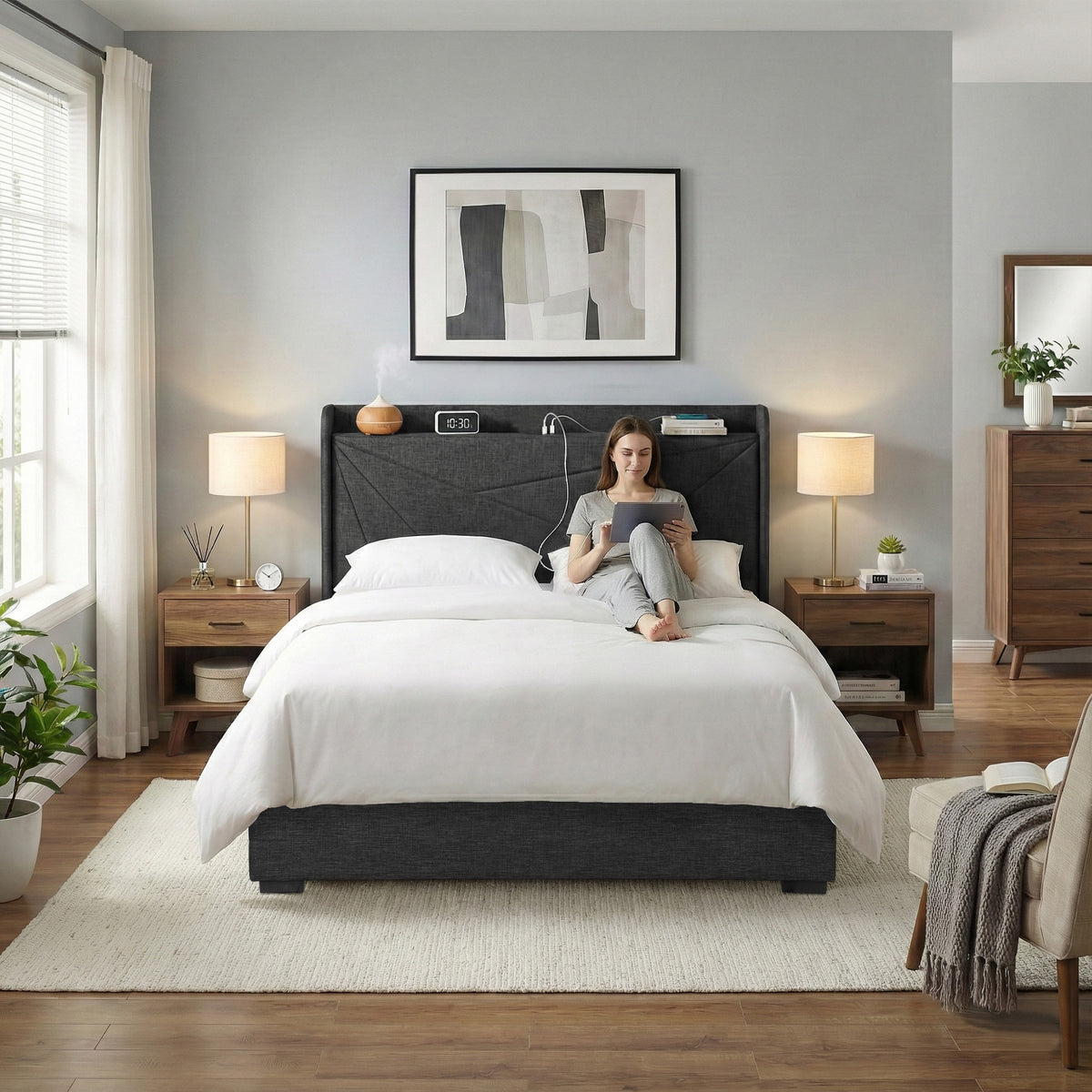 Morfei Queen Bed Frame with Charging Ports Charcoal Grey