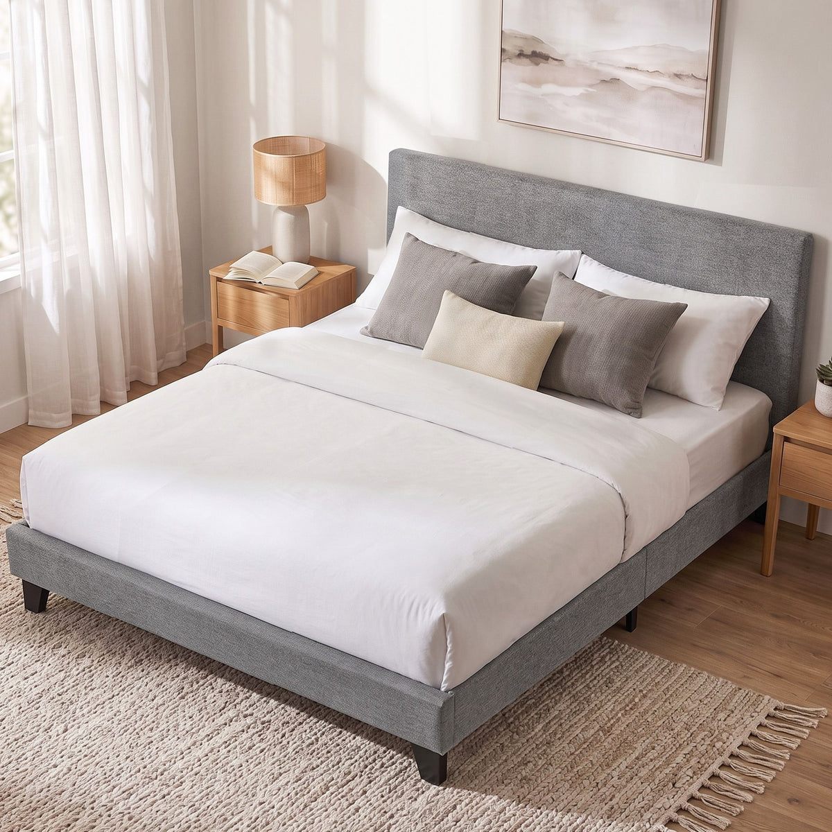 Neo King Size Upholstered Bed Frame with Padded Bedhead Grey