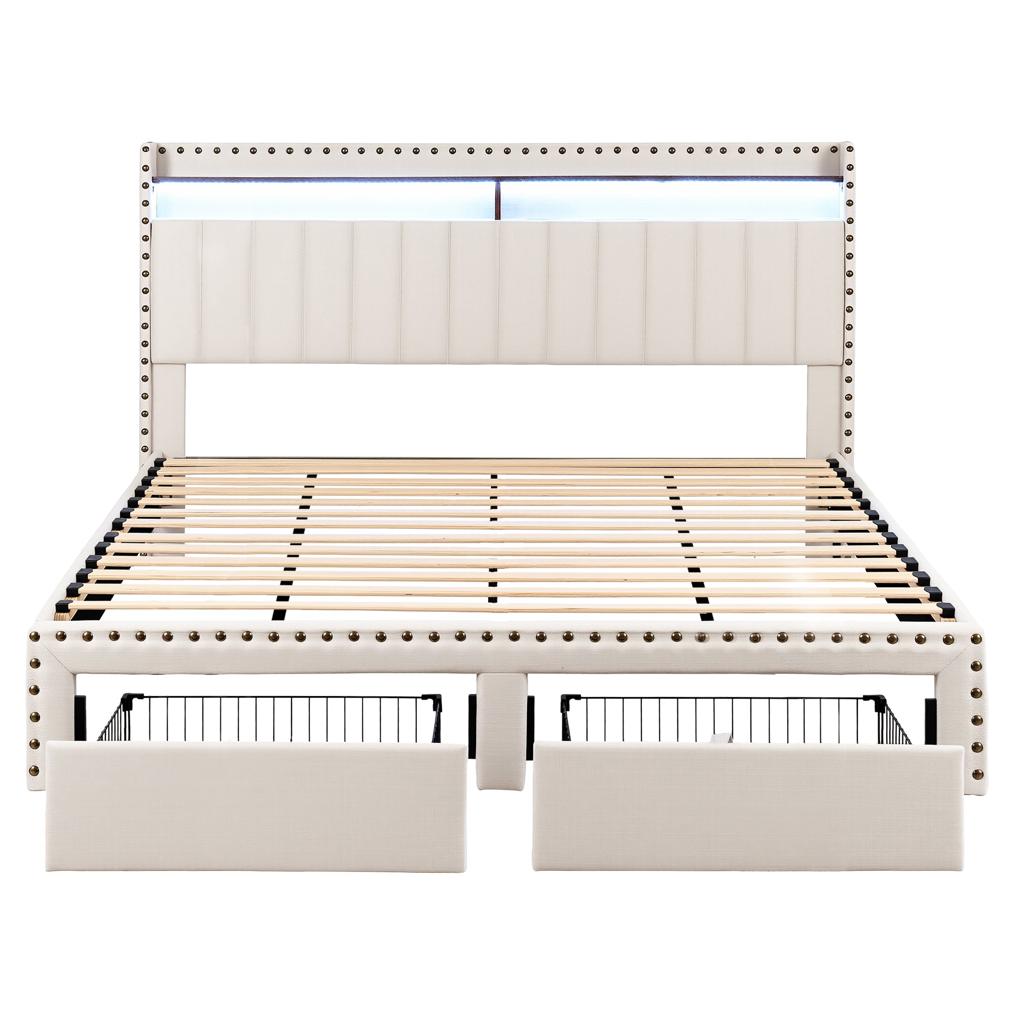 Artiss King Upholstered Bed Frame with Shelf Storage Drawers Charging Station Mood Lighting Linen