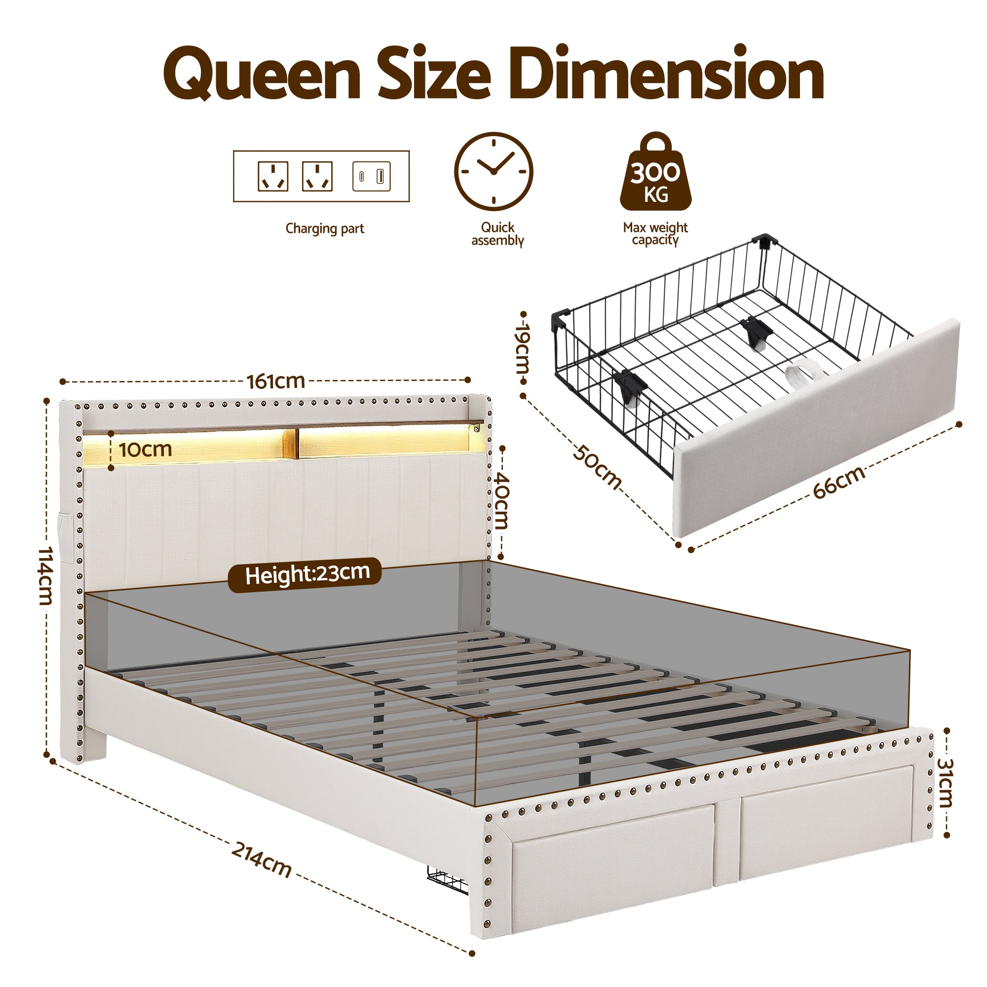 Artiss Queen Upholstered Bed Frame with Shelf Storage Drawers Charging Station Mood Lighting Linen