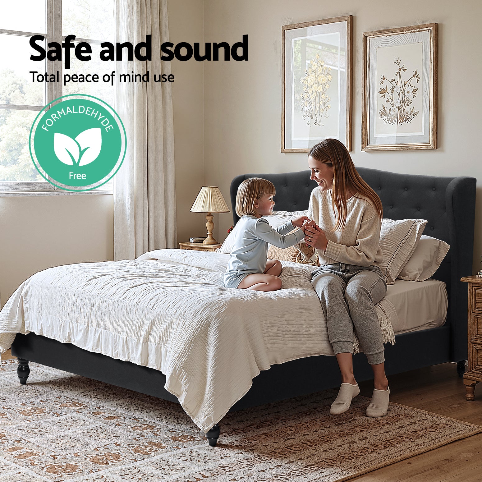 Artiss King Bed Frame Wingback Headboard Charcoal Grey Linen Upholstered Platform Bed Base