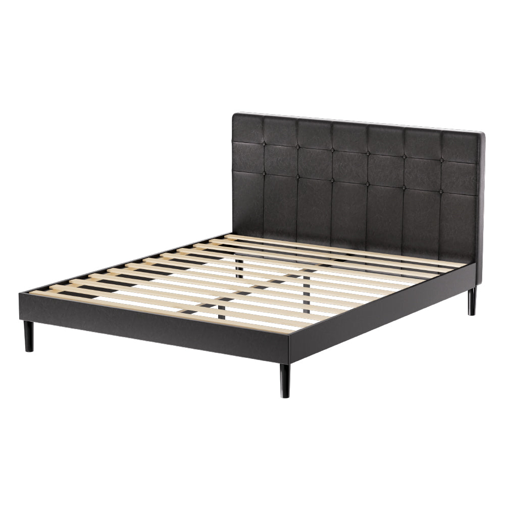 RAVI Queen Bed Frame LED Black PVC Leather