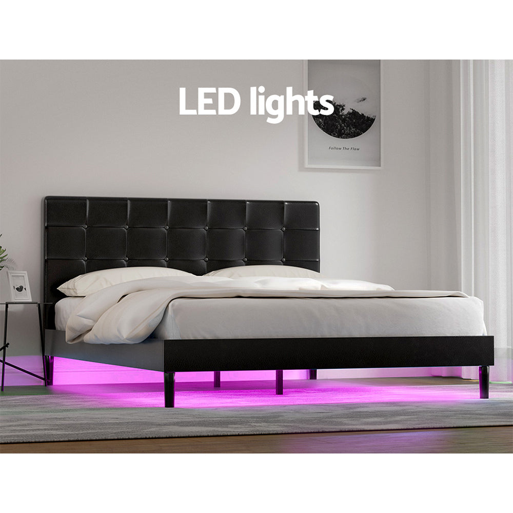 RAVI Queen Bed Frame LED Black PVC Leather