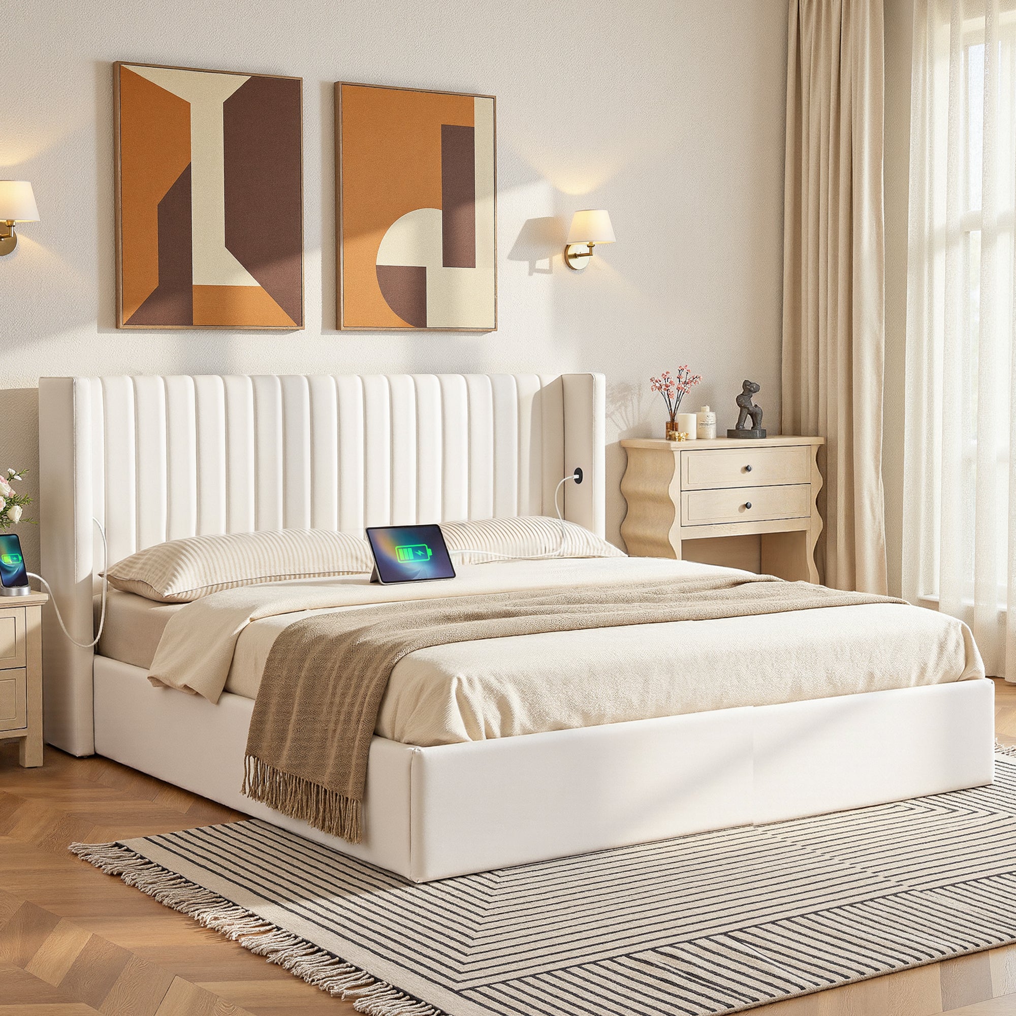 Artiss King Bed Frame with Gaslift Storage USB Type-C Charging Ports Velvet Upholstery White