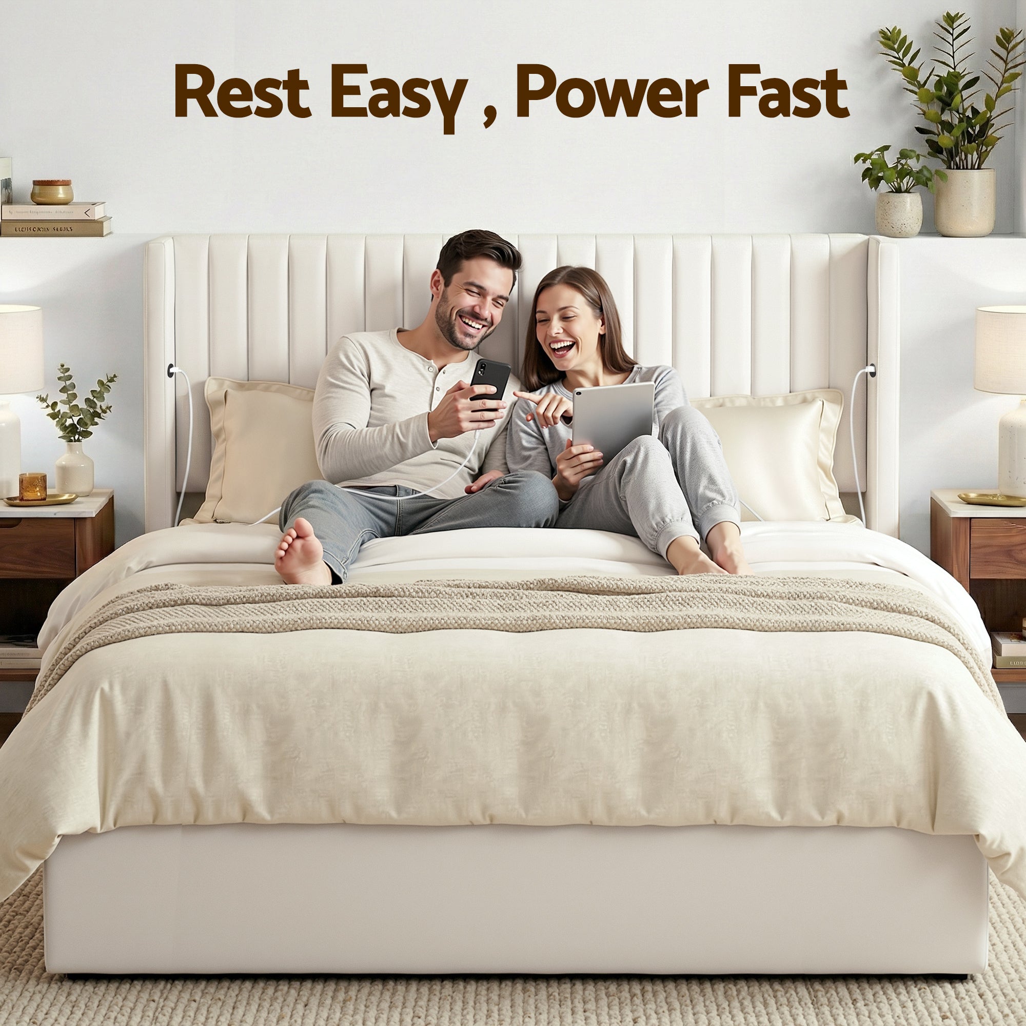 Artiss King Bed Frame with Gaslift Storage USB Type-C Charging Ports Velvet Upholstery White