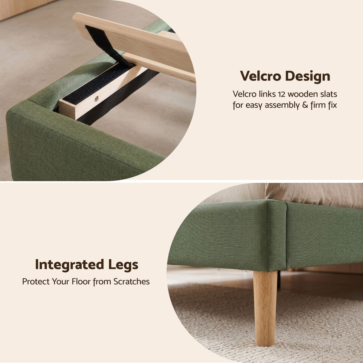 Artiss King Single Bed Frame, Green Faux Linen with Wooden Slats