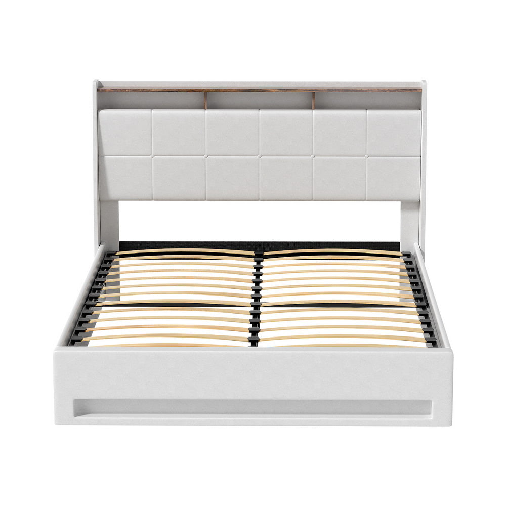 SUNSET Double Bed Frame Gas Lift LED Storage White PVC Leather