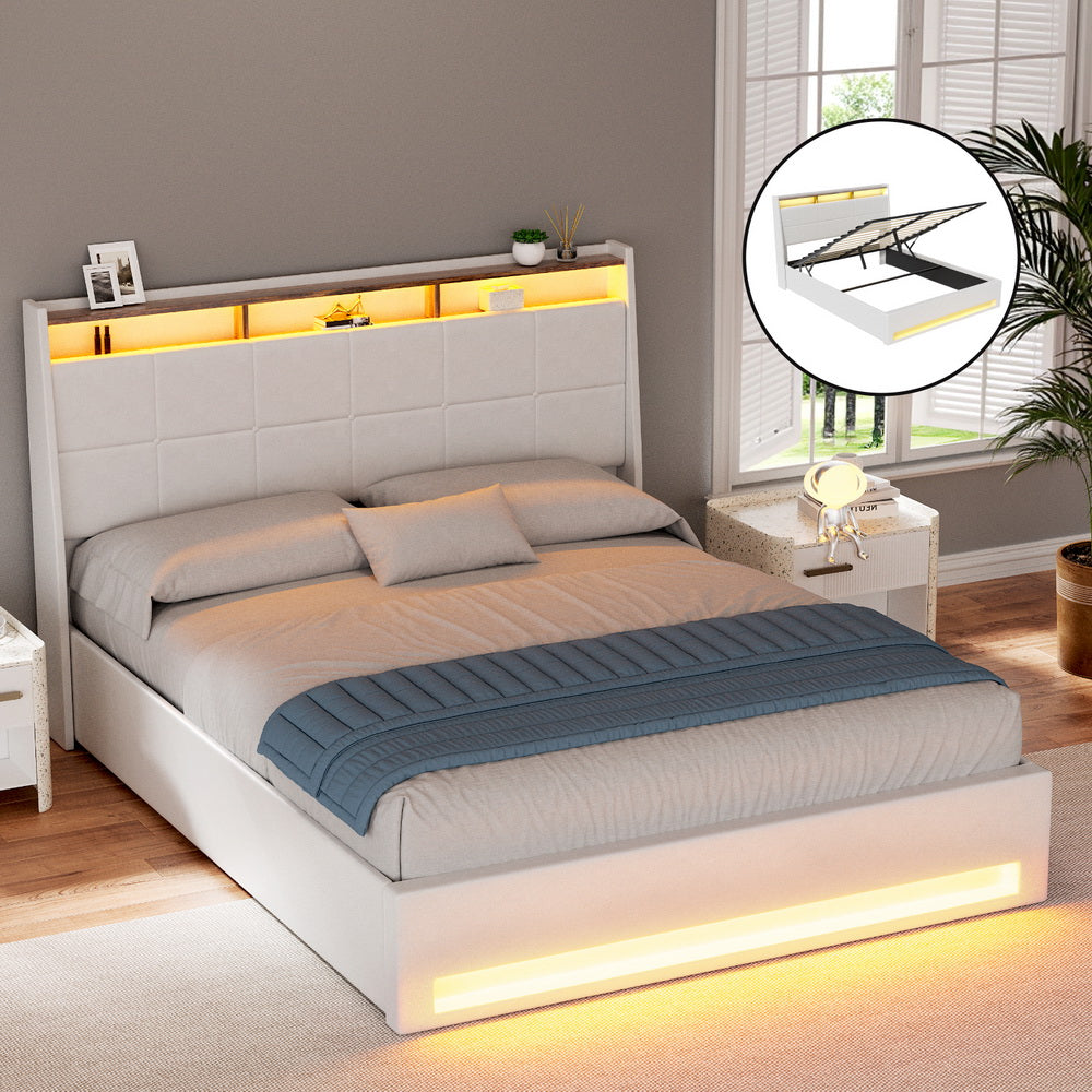 SUNSET Double Bed Frame Gas Lift LED Storage White PVC Leather