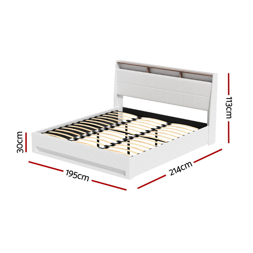 Sunset King Gas Lift Bed Frame White PVC Leather Storage Headboard