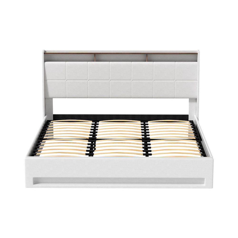 Sunset King Gas Lift Bed Frame White PVC Leather Storage Headboard