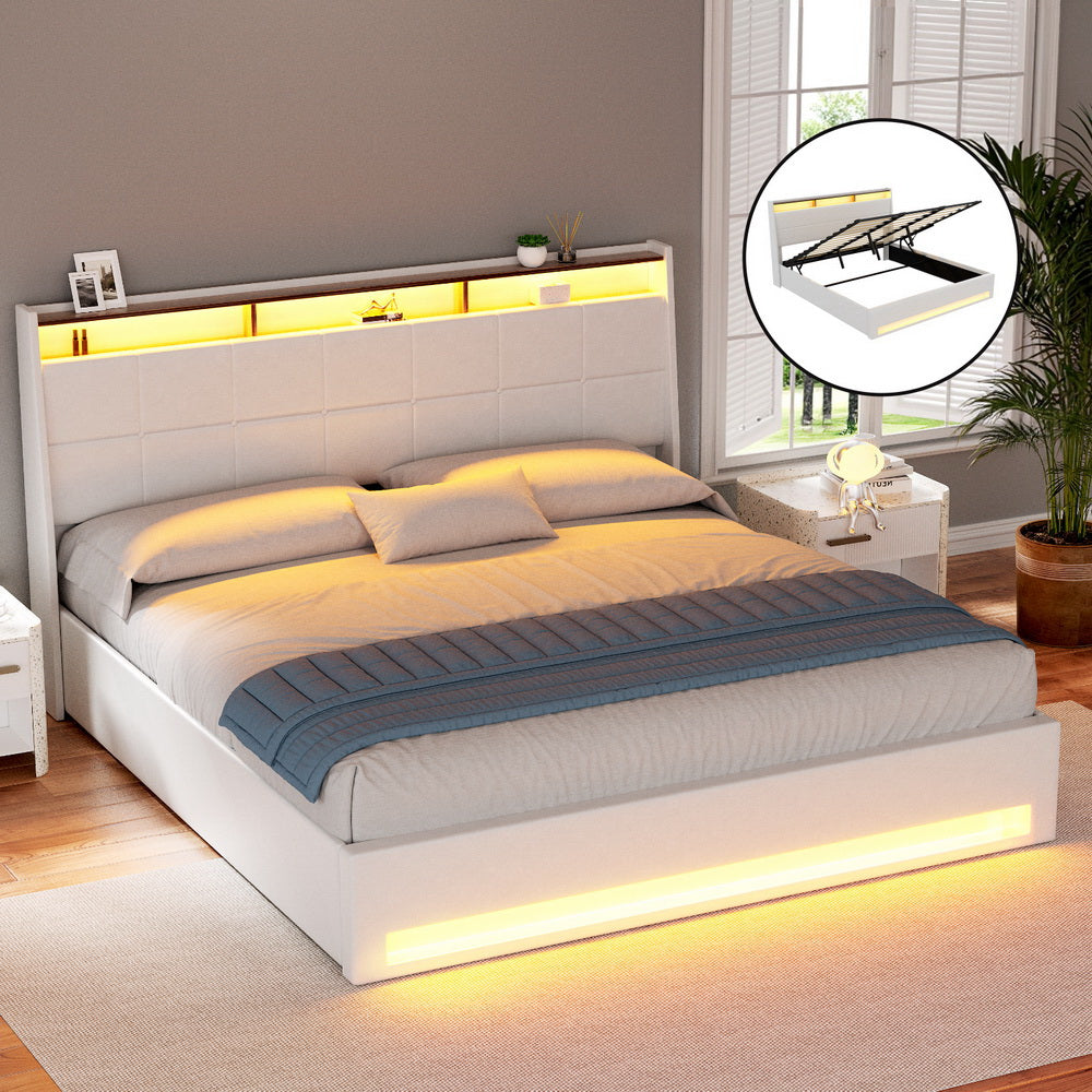 Sunset King Gas Lift Bed Frame White PVC Leather Storage Headboard