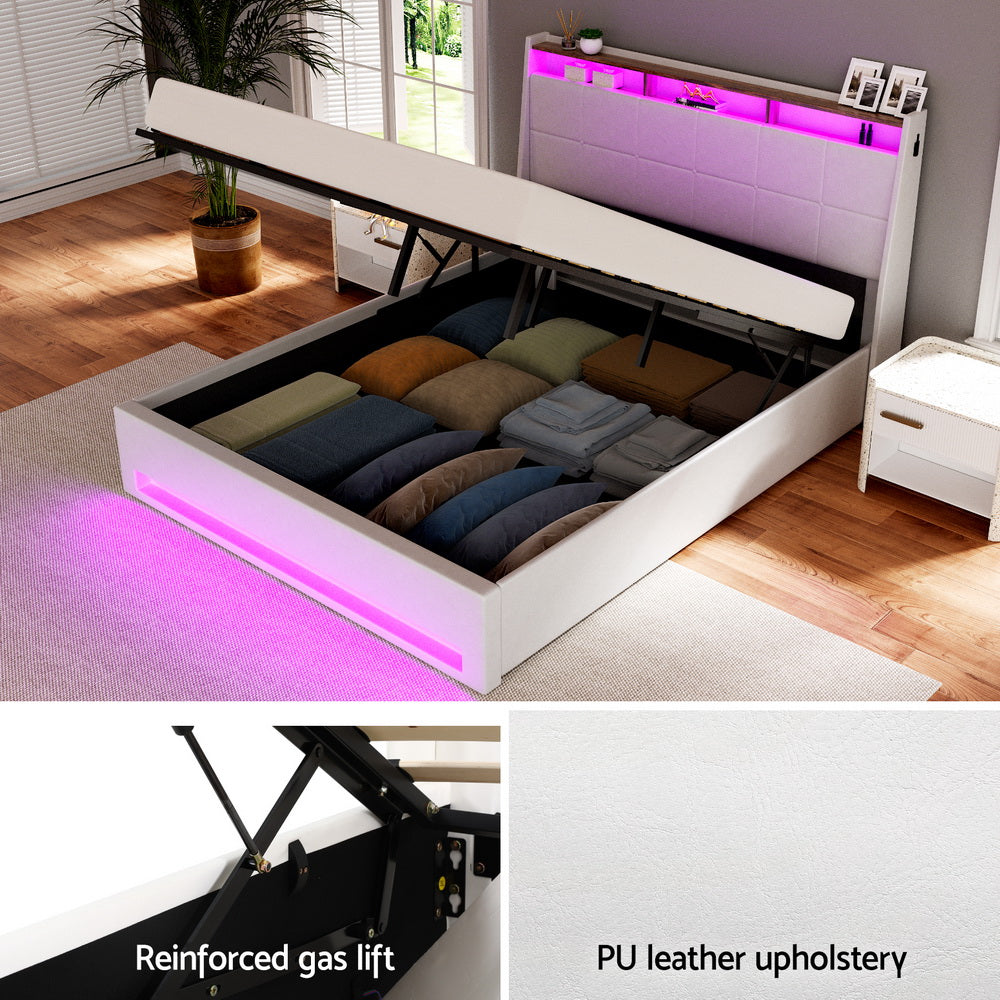 SUNSET Queen Bed Frame Gas Lift LED Storage White PVC Leather