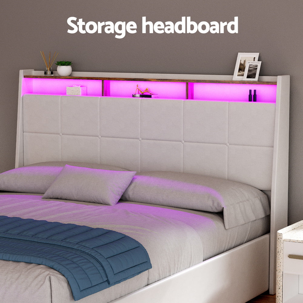 SUNSET Queen Bed Frame Gas Lift LED Storage White PVC Leather