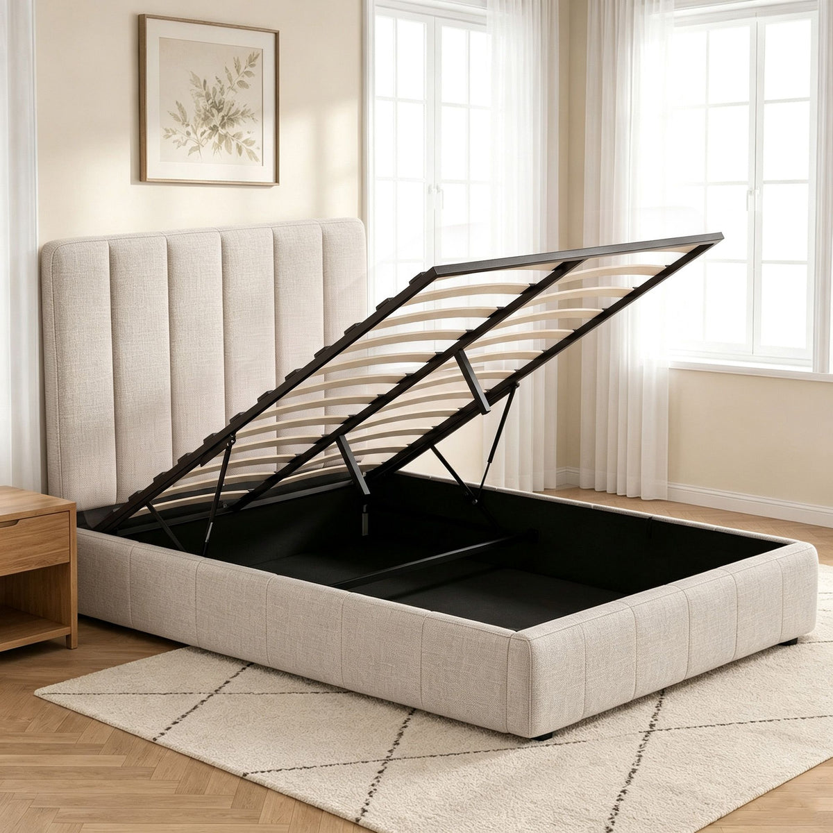 Tette Double Upholstered Gas Lift Bed Frame Beige