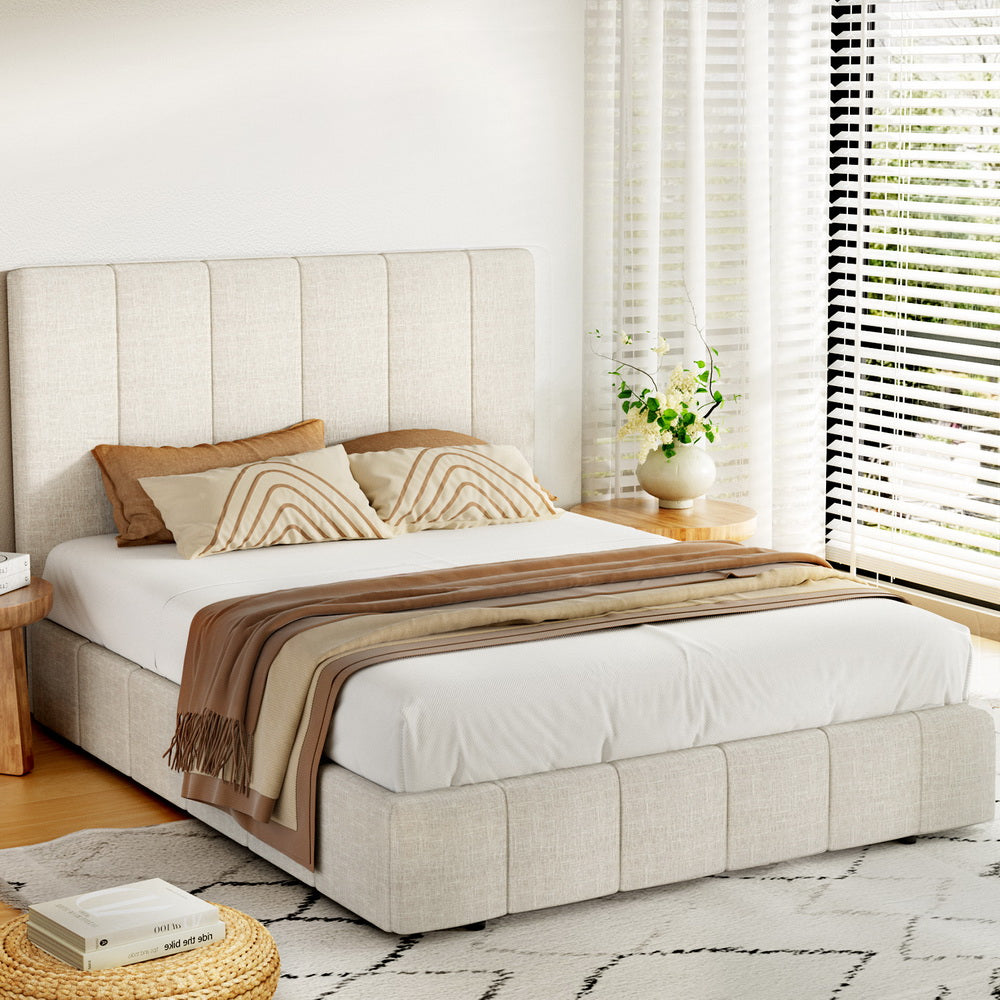 Tette Queen Bed Frame Gas Lift Storage Beige