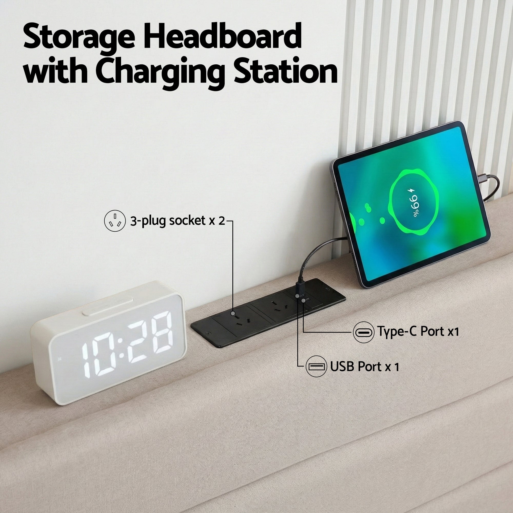 Artiss Queen Bed Frame with Storage Adjustable Headboard Platform Base Linen Fabric Charging Ports