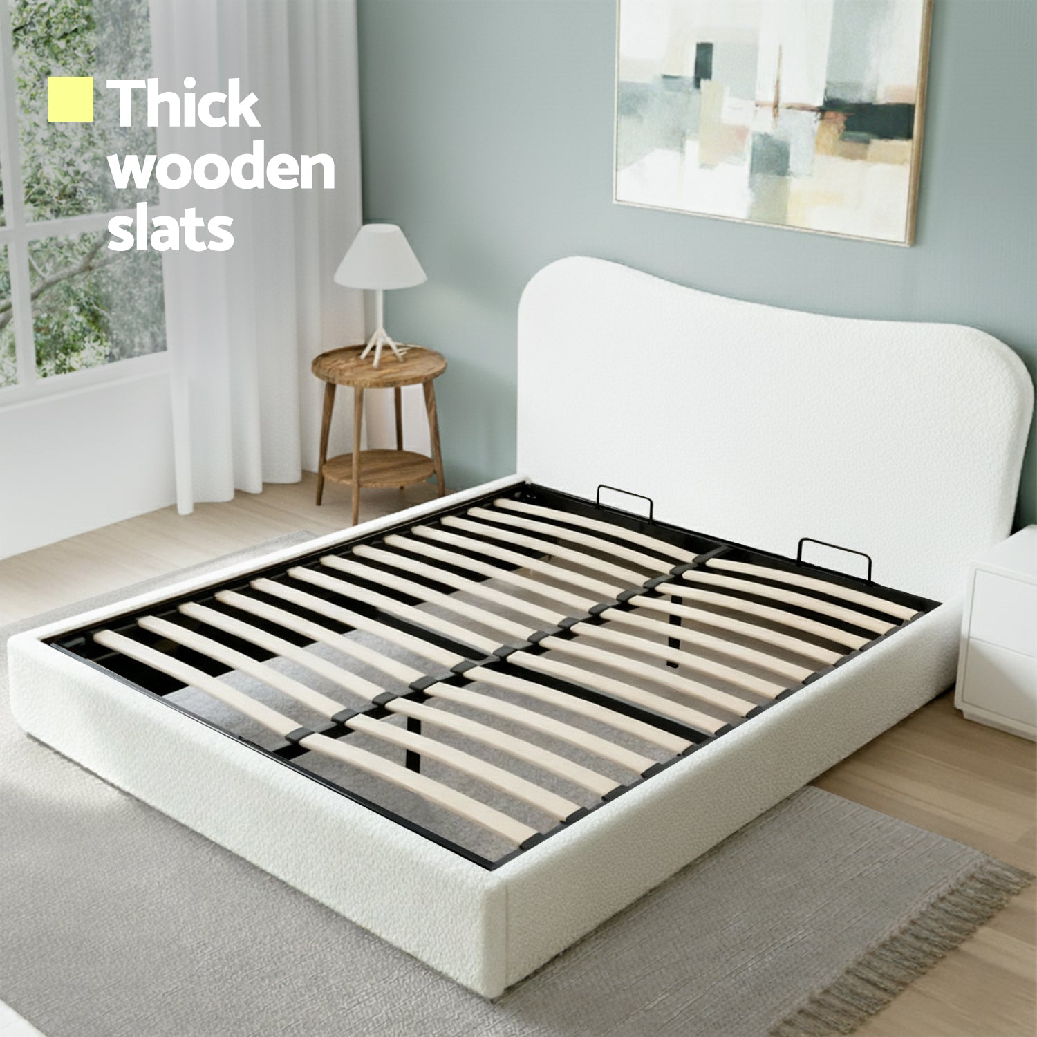 Artiss Queen Bed Frame with Gaslift Storage Wooden Platform Mattress Base Boucle Upholstered White