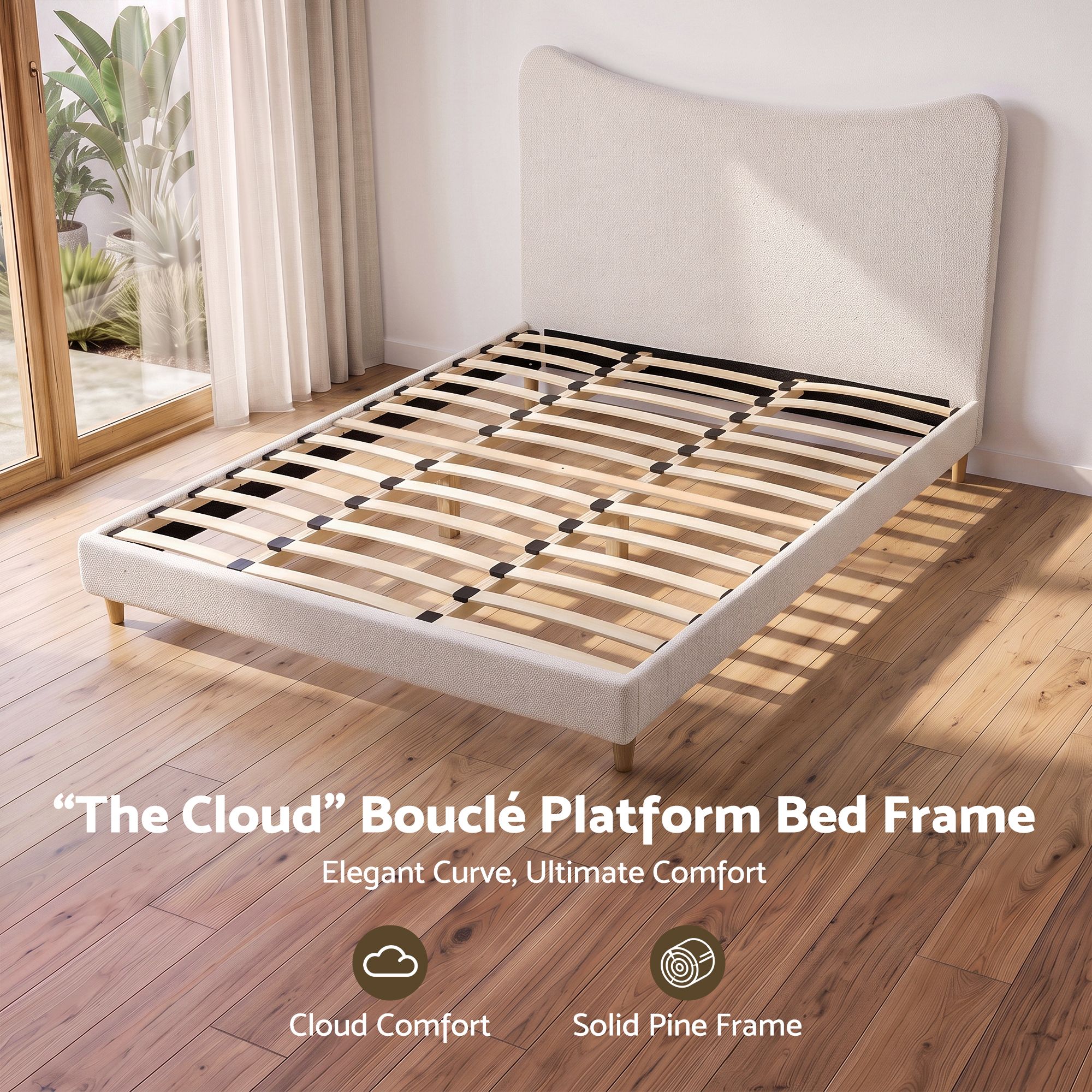 Artiss King Bed Frame with Boucle Headboard, Beige, 300kg Capacity