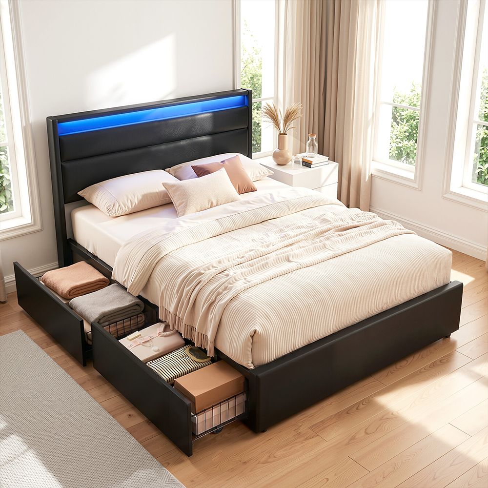 Dunn Double Bed Frame with LED and 4 Drawers Black