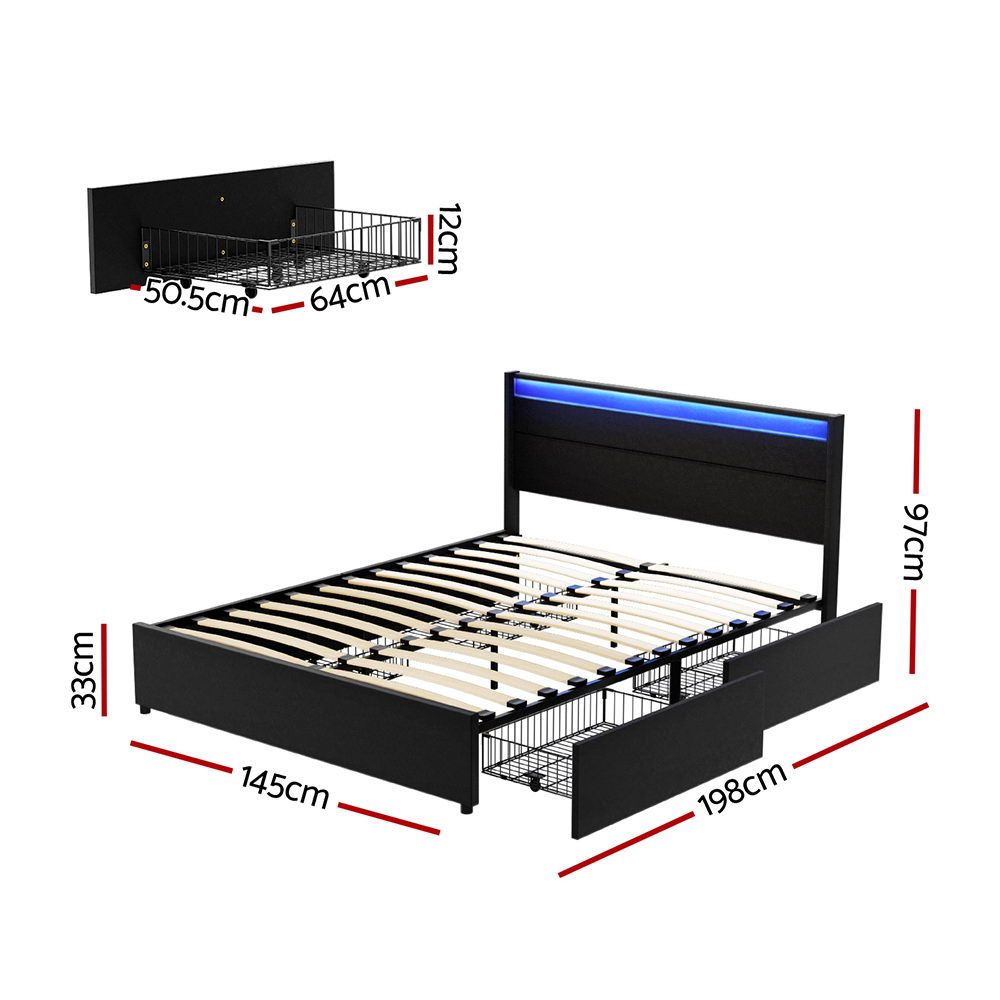 Dunn Double Bed Frame with LED and 4 Drawers Black