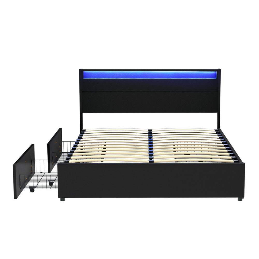 Dunn Double Bed Frame with LED and 4 Drawers Black