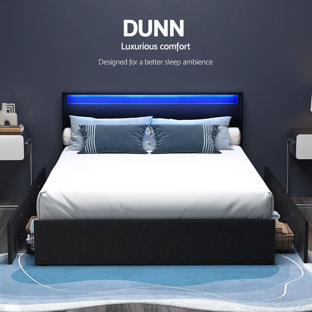 Dunn Double Bed Frame with LED and 4 Drawers Black