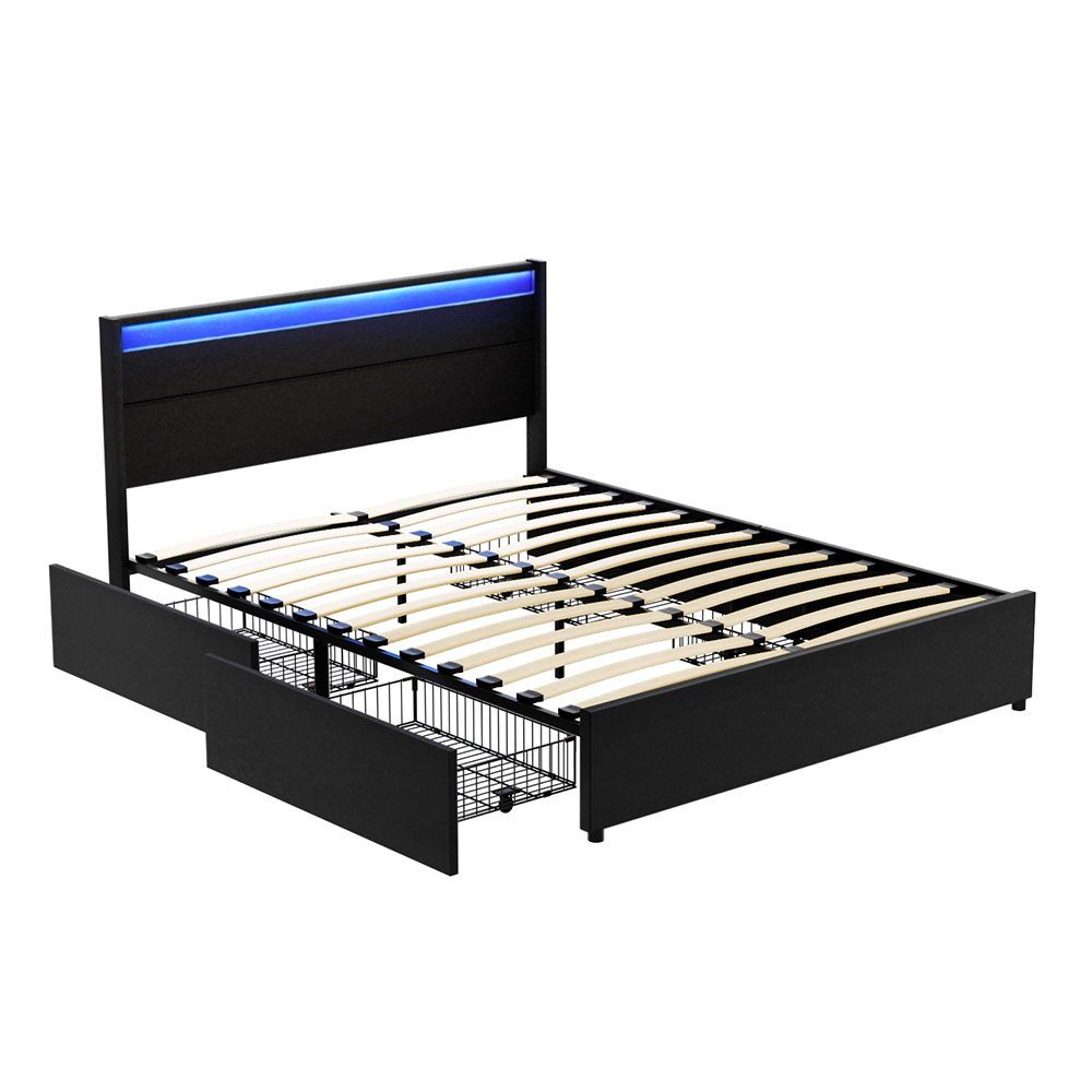 Dunn Double Bed Frame with LED and 4 Drawers Black