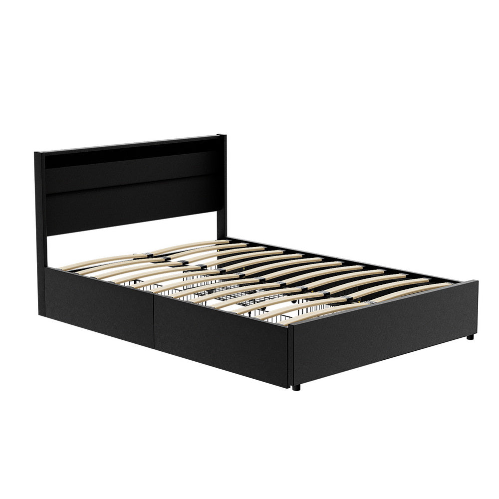 DUNN Double Bed Frame LED 4 Drawers Black