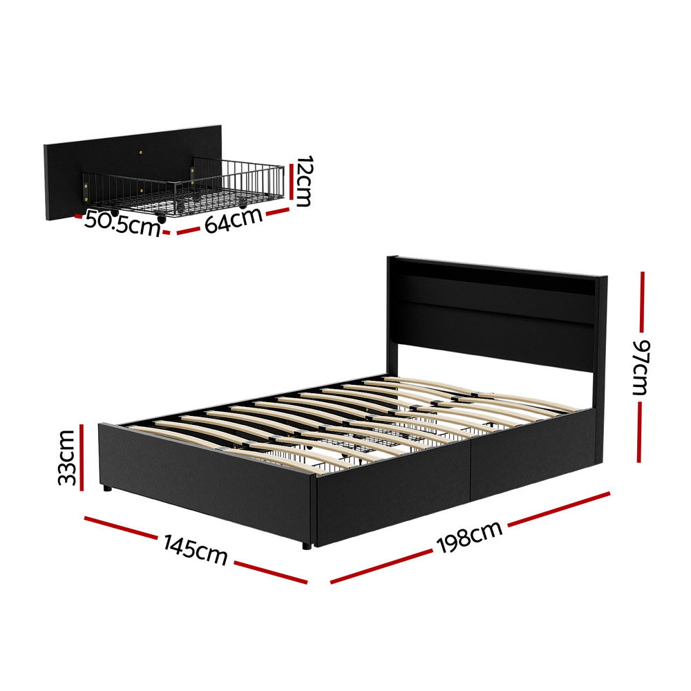 DUNN Double Bed Frame LED 4 Drawers Black