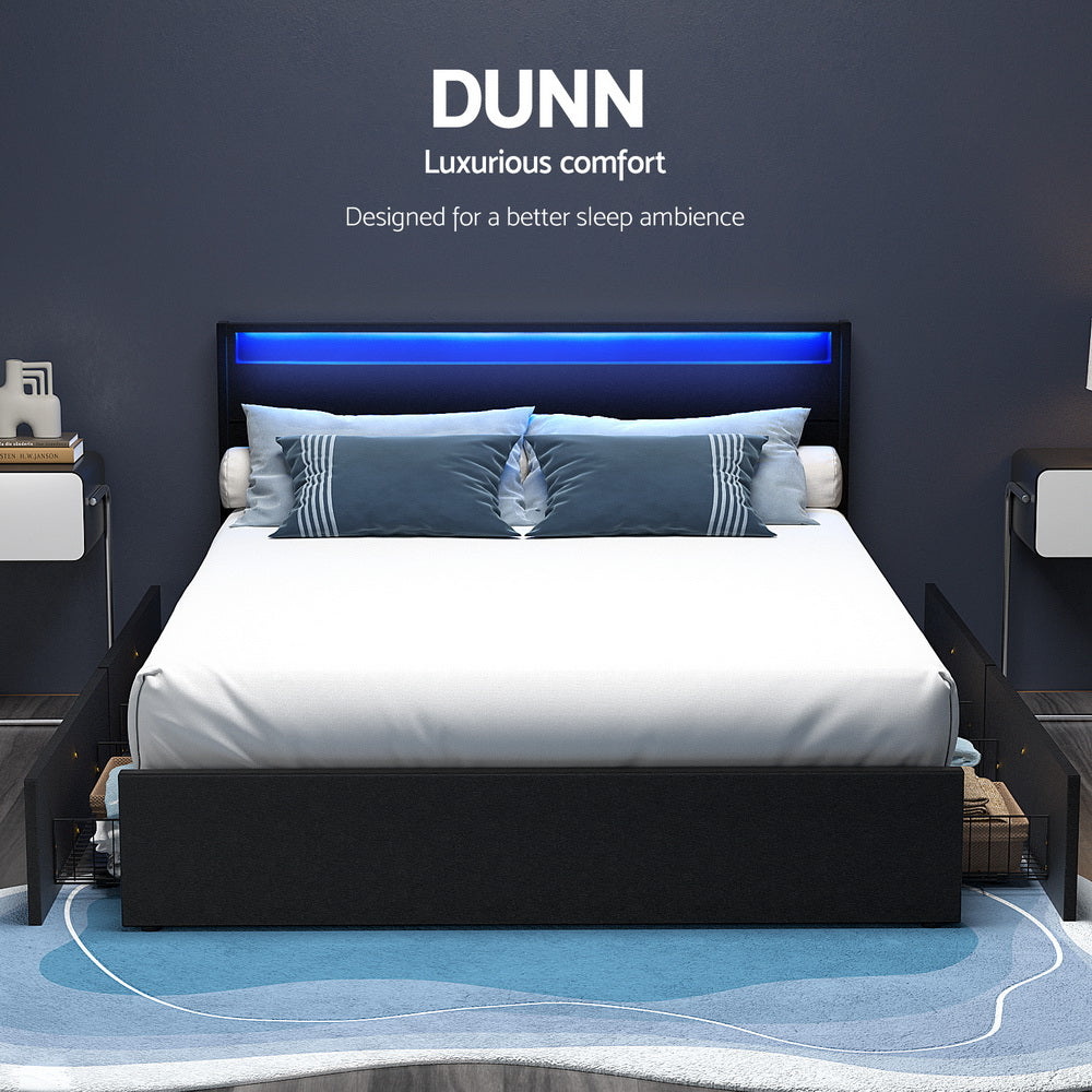 DUNN Double Bed Frame LED 4 Drawers Black