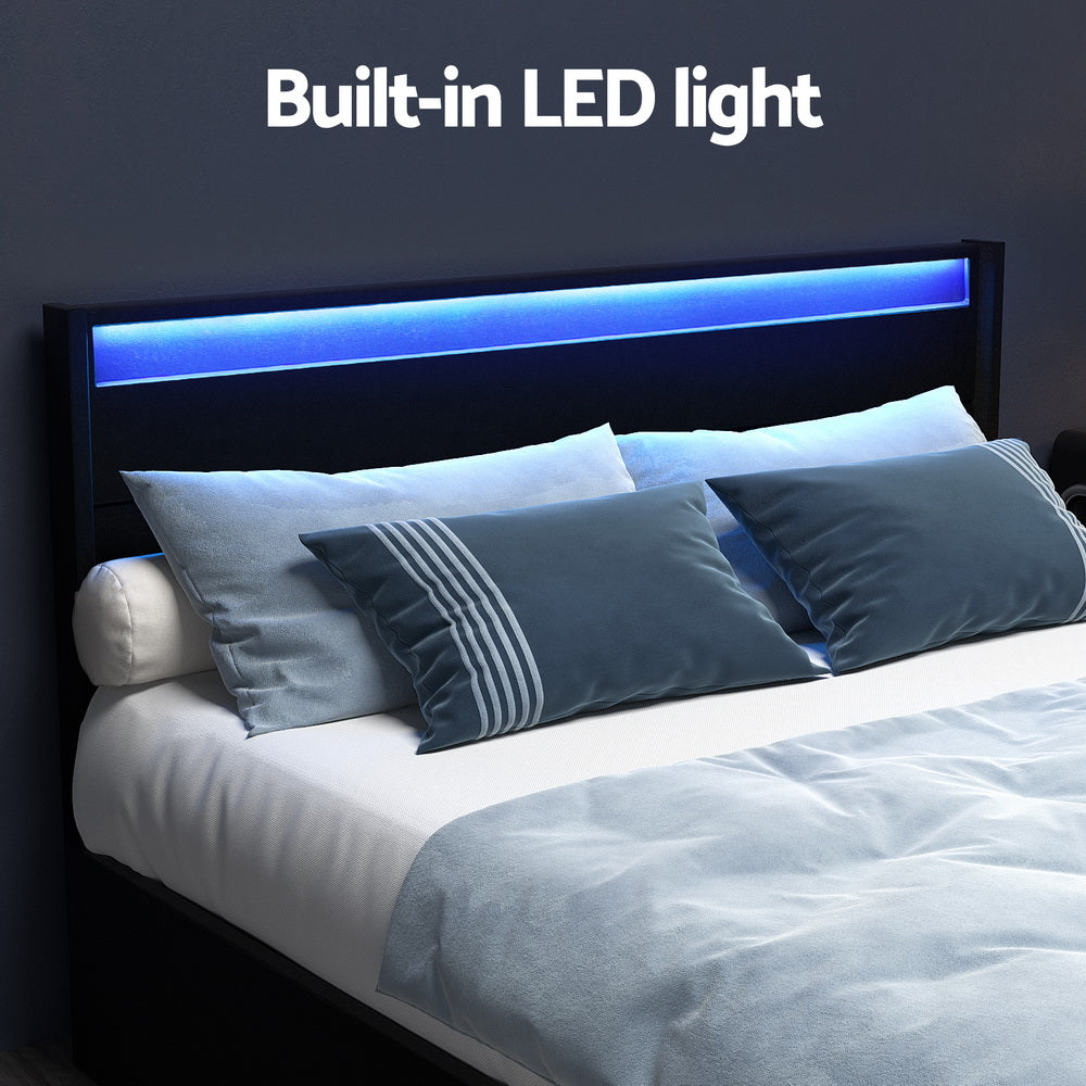 DUNN Double Bed Frame LED 4 Drawers Black