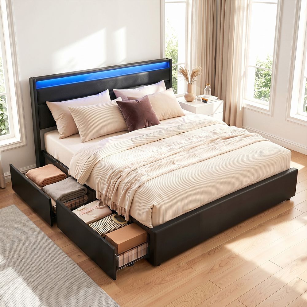 Dunn Queen Bed Frame with LED and 4 Drawers Black
