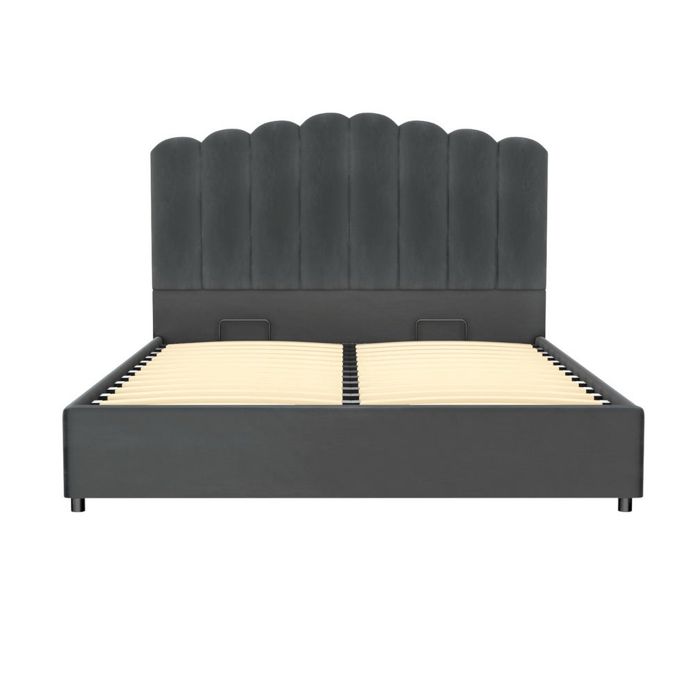 FION Double Bed Frame Velvet Gas Lift Grey