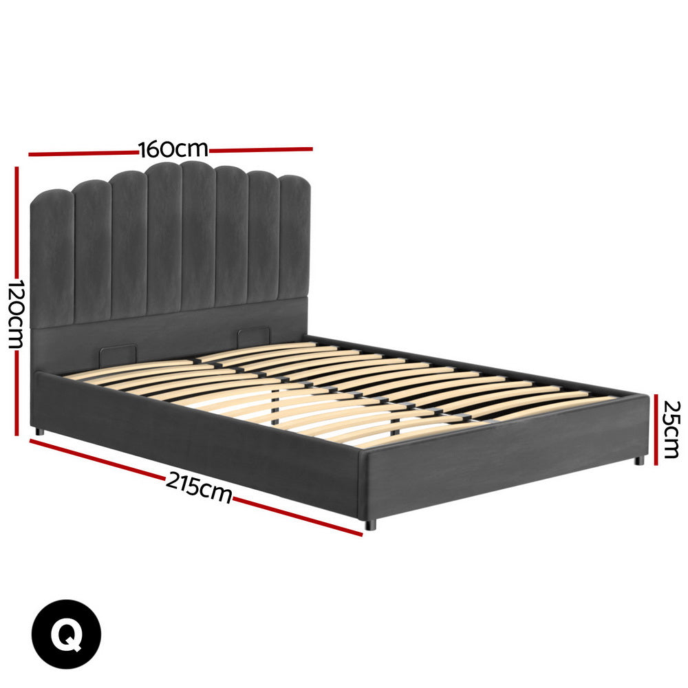 FION Double Bed Frame Velvet Gas Lift Grey
