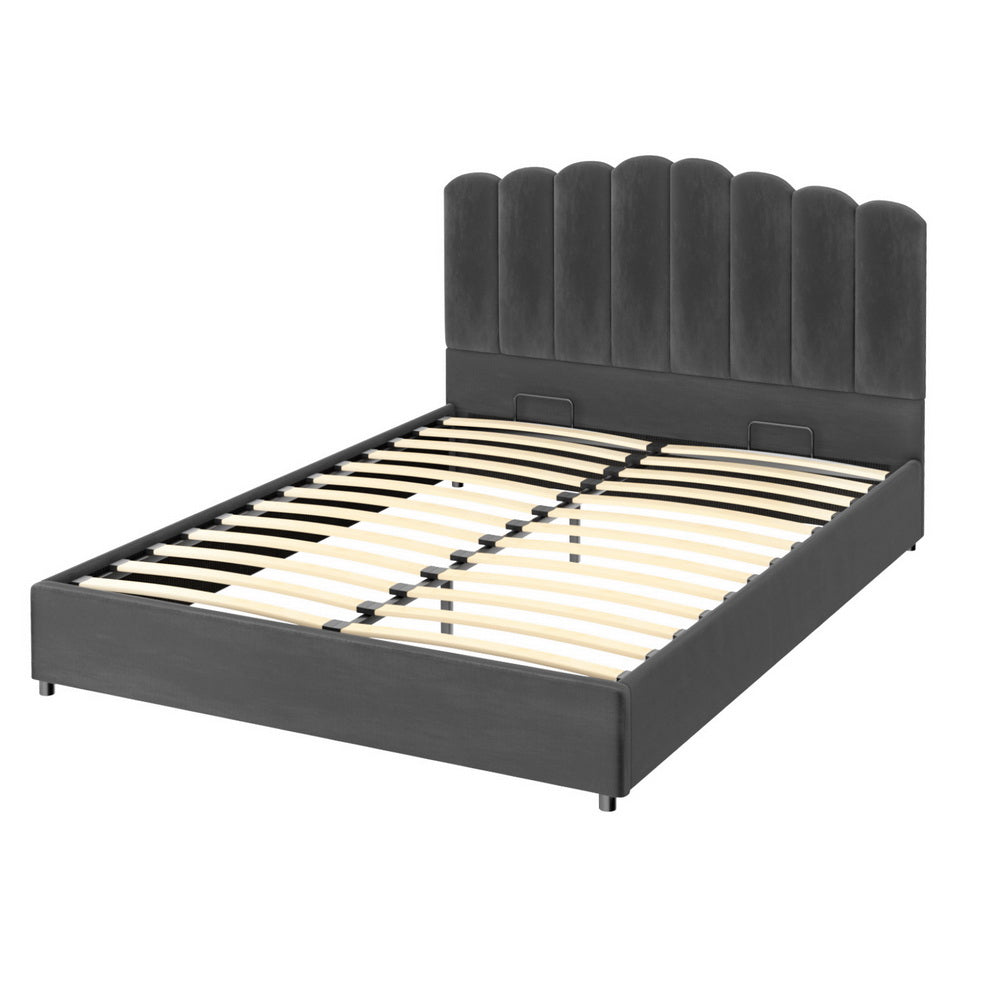 FION Double Bed Frame Velvet Gas Lift Grey