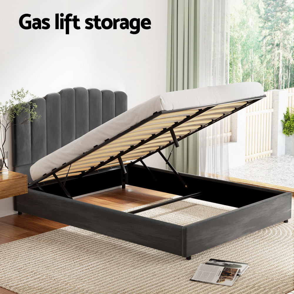 FION Double Bed Frame Velvet Gas Lift Grey