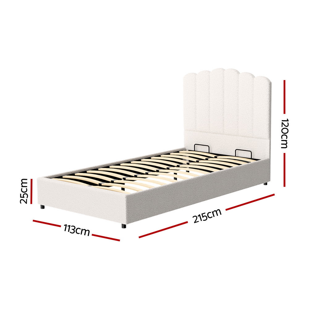 FION King Single Bed Frame Boucle Gas Lift Beige
