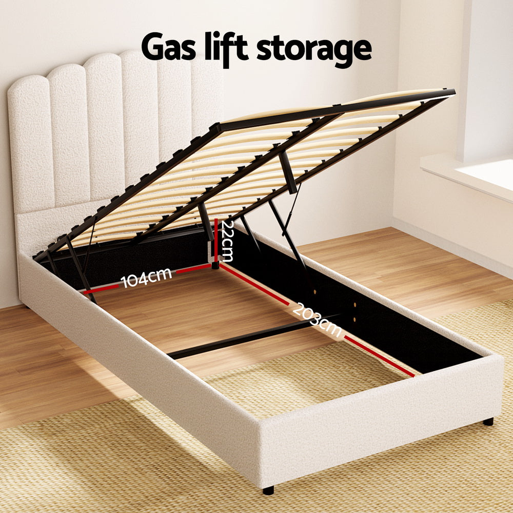 FION King Single Bed Frame Boucle Gas Lift Beige