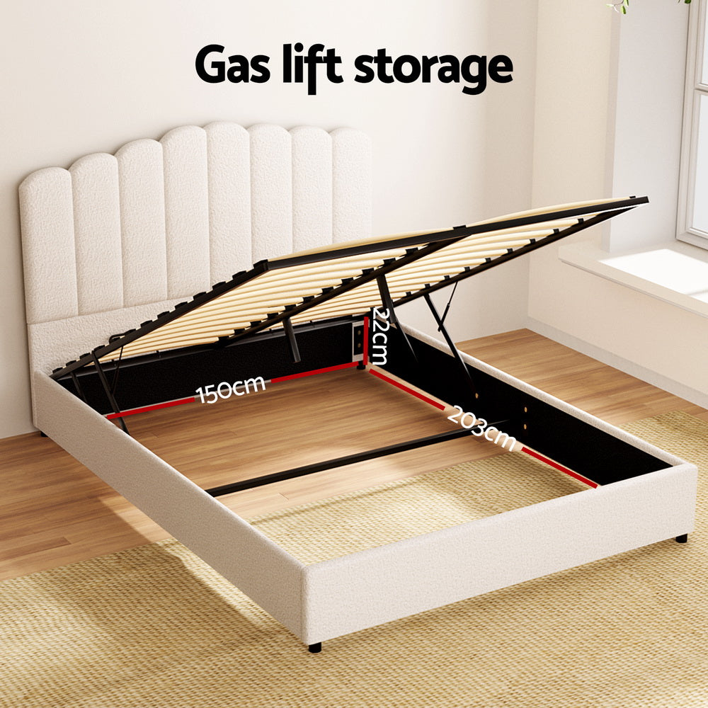 FION Queen Bed Frame Boucle Gas Lift Beige