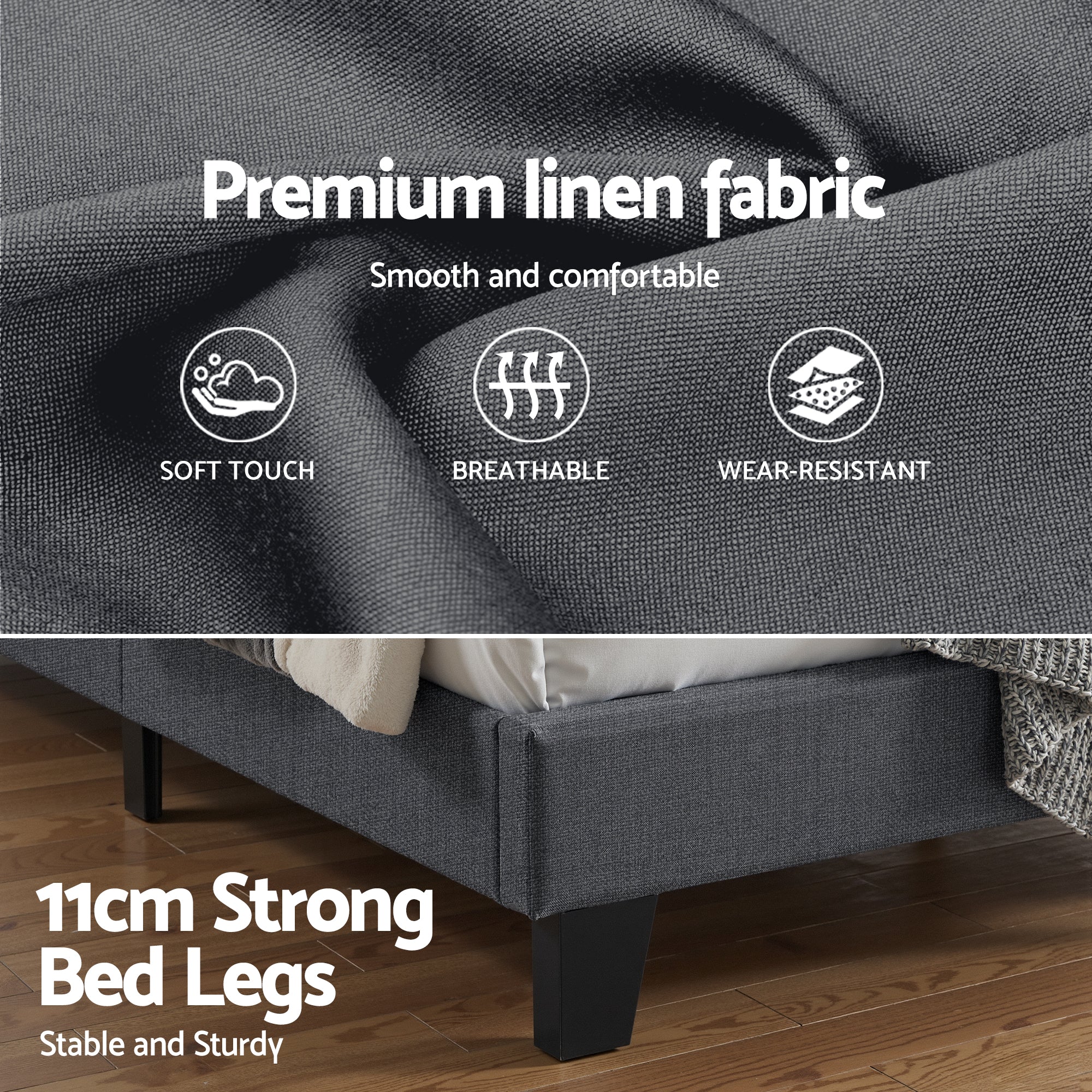 Artiss Double Bed Frame Upholstered Platform Base with Geometric Headboard Charcoal Grey Linen Wood Slats for Modern Bedroom Furniture Home Decor