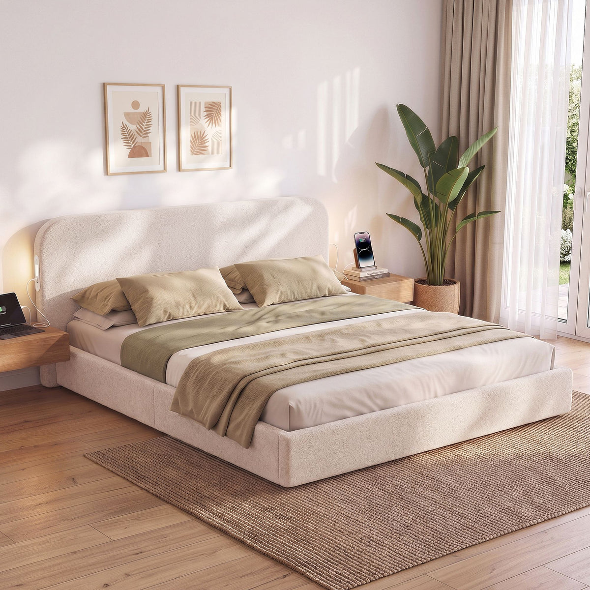 Artiss King Bed Frame with 100cm Bouclé Headboard and USB-C