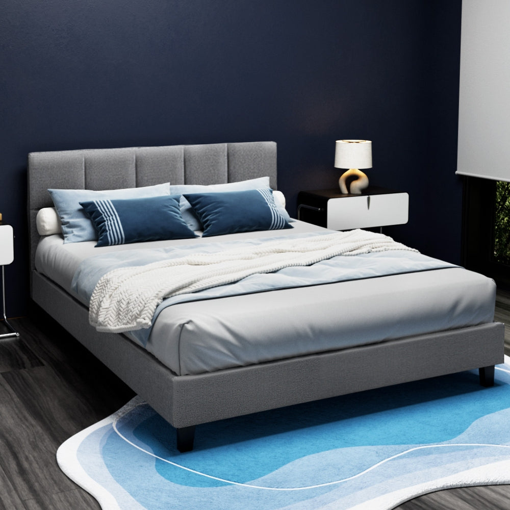 TINO Queen Bed Frame Faux Linen Upholstery Grey