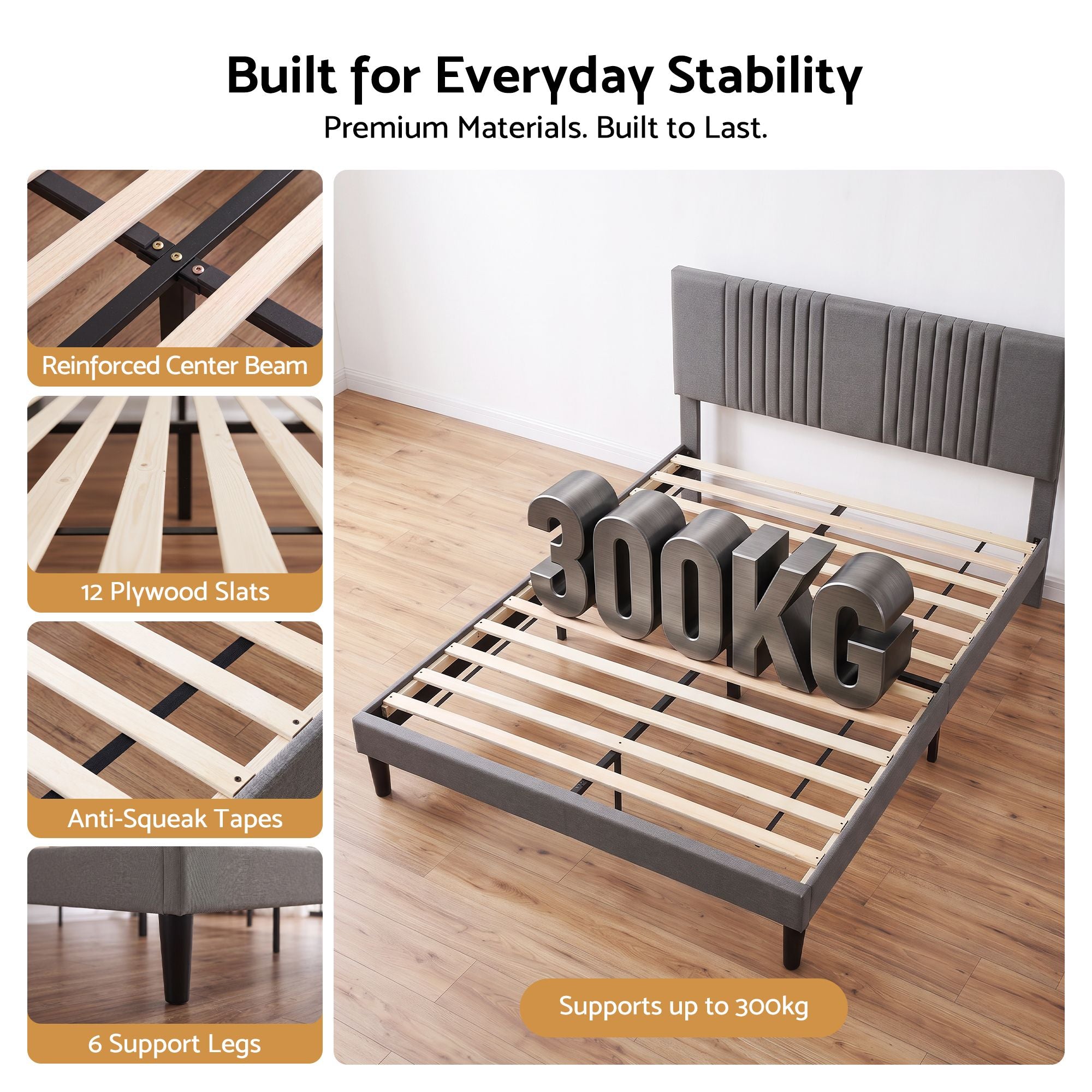 Artiss Double Bed Frame with Adjustable Headboard, Grey, 300kg Capacity