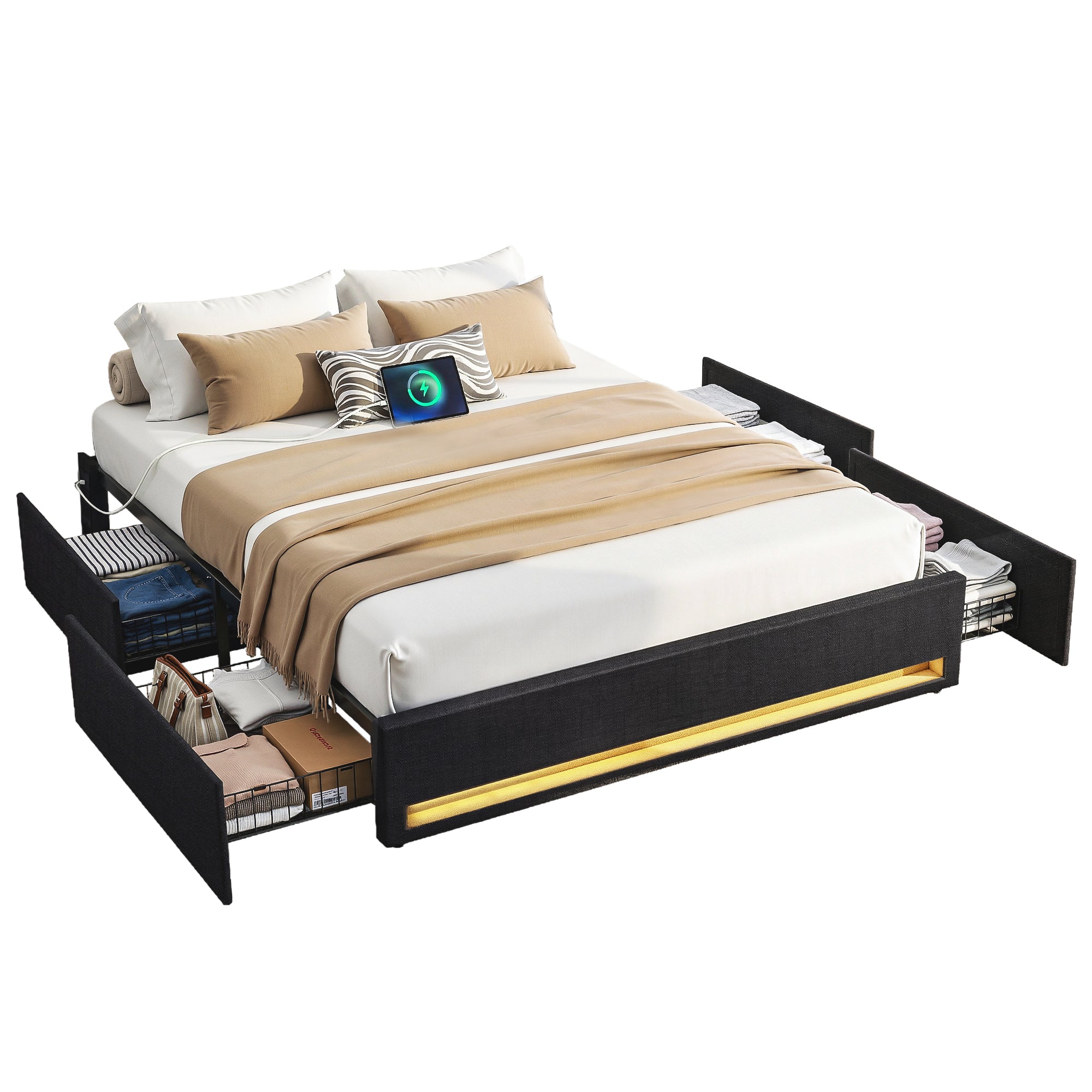 Artiss Queen Bed Frame with Storage Drawers RGB Lights Charging Station Upholstered Fabric