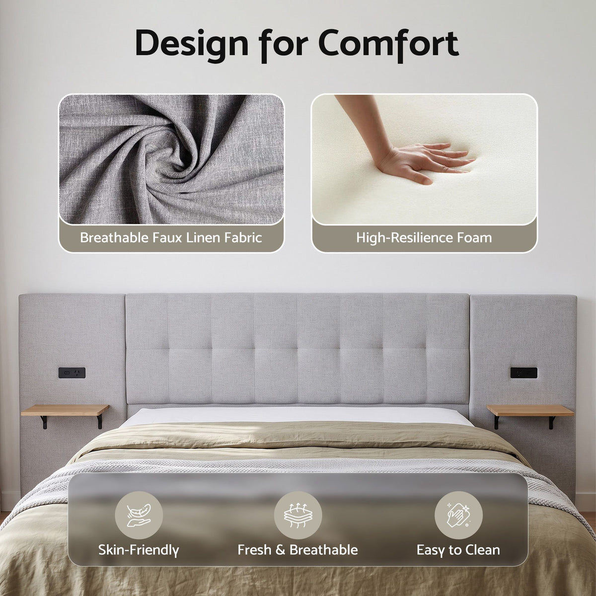 Artiss King Upholstered Bed Frame with Headboard and Shelves Grey