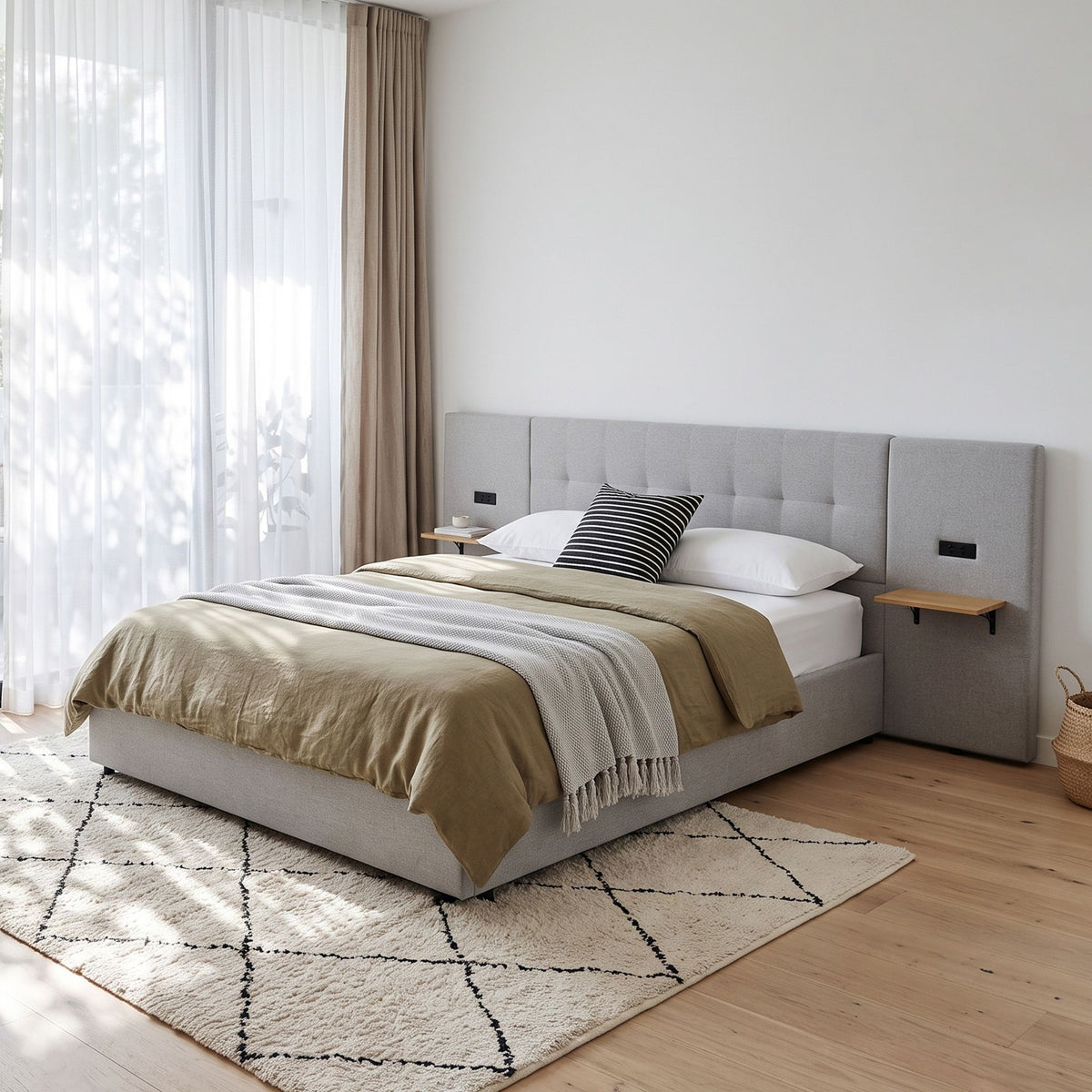 Artiss King Upholstered Bed Frame with Headboard and Shelves Grey