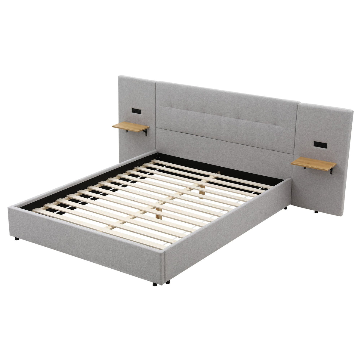 Artiss Queen Bed Frame with Wide Headboard and Floating Shelves Grey