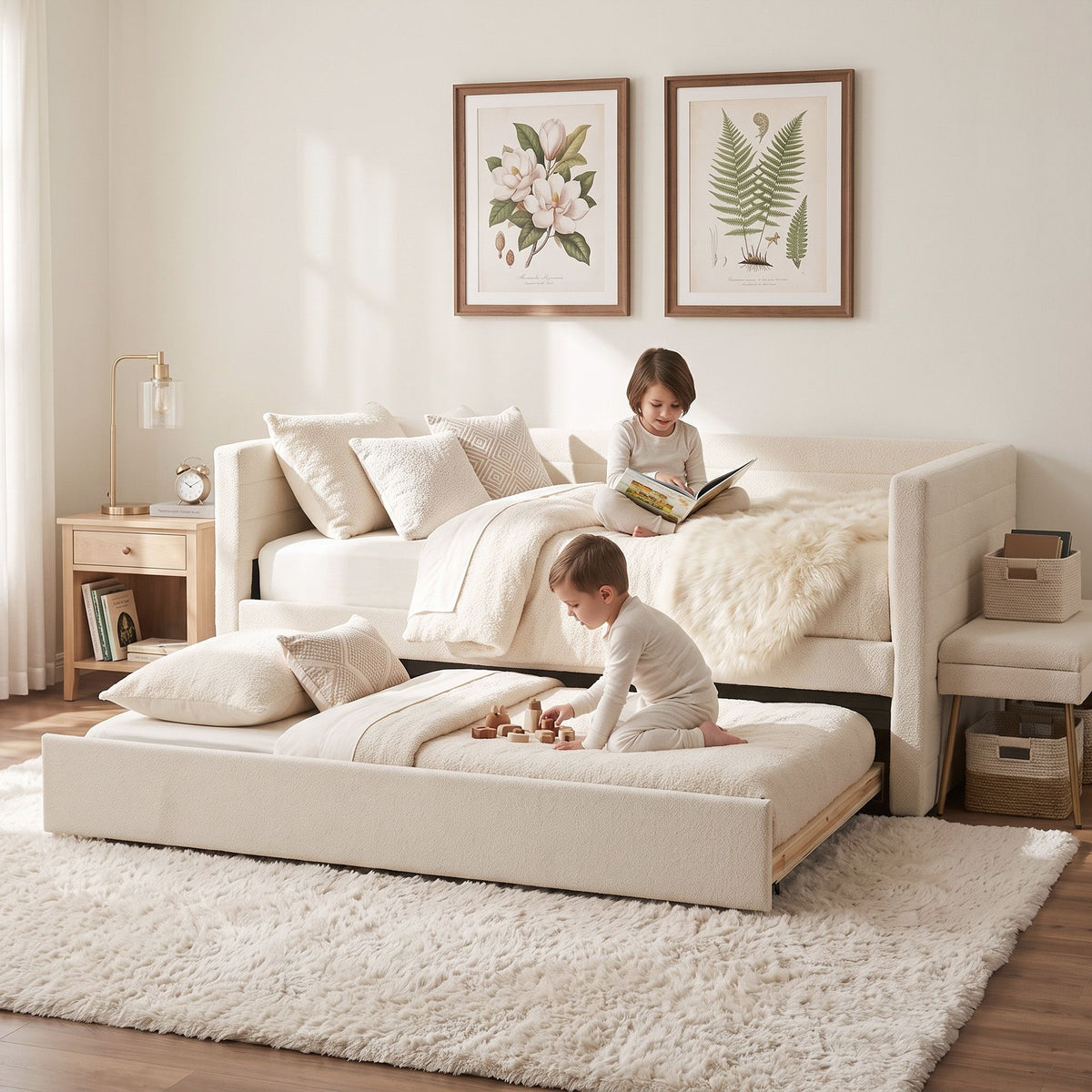 Artiss Single Daybed with Trundle Boucle Upholstered Bed Frame