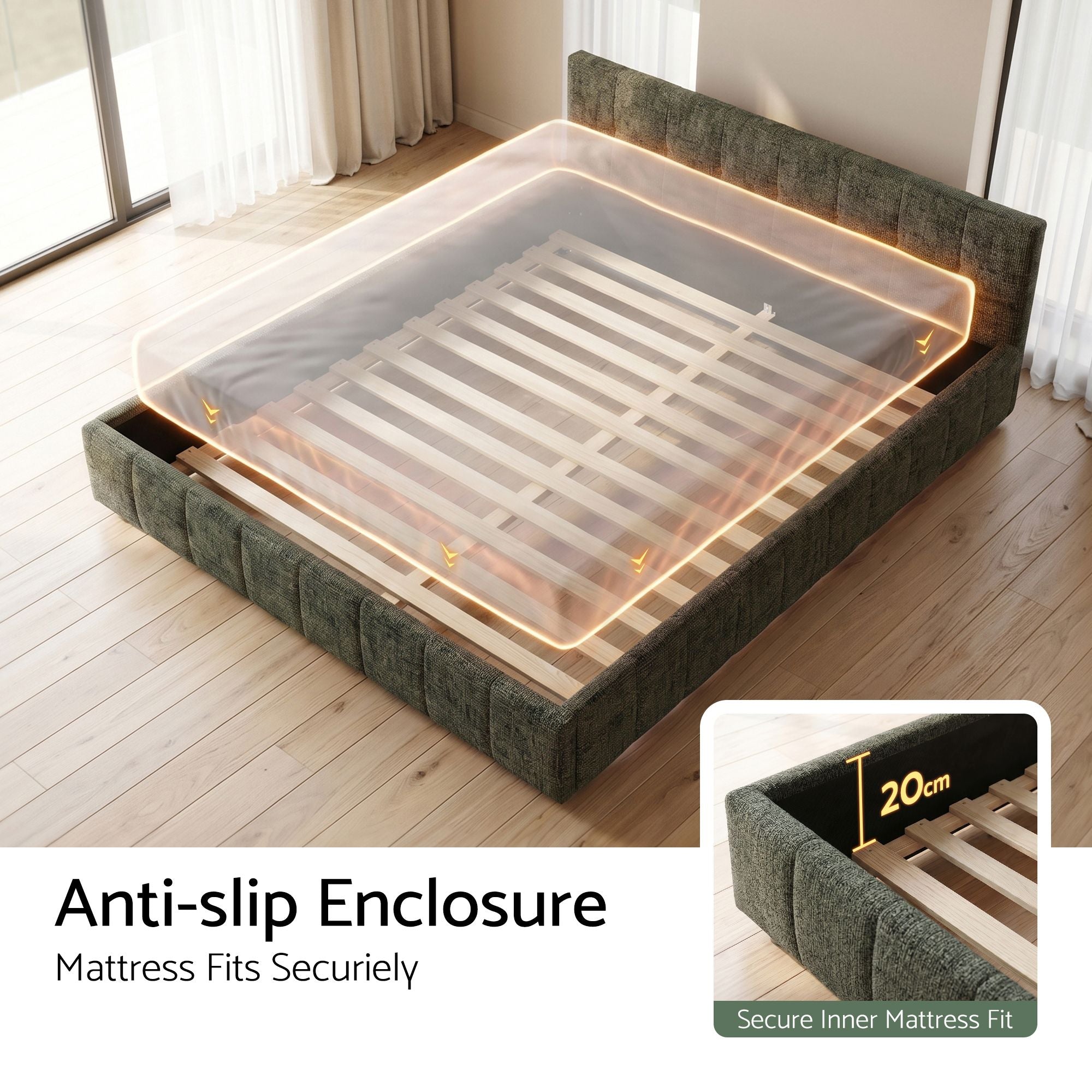Artiss King Bed Frame Chenille Heavy Duty Platform Base Green 300kg Support No Box Spring Needed
